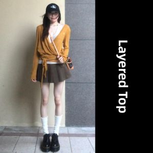 LIRENQING | Turmeric Yellow V-Neck Blouse 2 Pieces Set