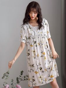 Carlefen Nữ Ngủ Mùa Hè Đầm Modal Cotton Phối Ren Giữa Váy Chiều Dài Thường Ngày Phong Cách Gia Đình Cho Người Trung Niên Và Người Cao Tuổi Plus Kích Thước