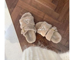 Womens Genuine Leather Fur Slippers Brown Thick Bottomed Half Slippers Autumn Winter Outdoor Wear Waterproof Platform