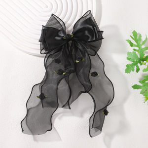 Elegant Mesh Tulle Big Bow Hairpin with Small Rose Embroidery Long Floating Ribbon Hair Clip for Girls Daily Photograph Styling