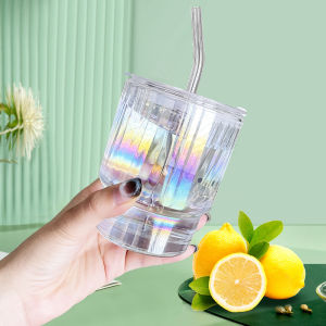 350ml Colourful Coating Glass Cup Portable Household Iced Coffee Juice Drink Mug Tumbler Cup With Plastic Lid And Glass Straw