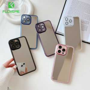 FLOVEME Luxury Mirror Glass Lens Flim Protection Phone Case For iPhone 14 13 12 11 Pro Max 14 Plus Full Protection Acrylic TPU Hybrid Shockproof Back Cover For iphone X XR XS Max