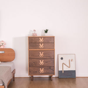 Cute Rabbit Solid Wood Childrens Two Three Five Chest of Drawers Combination Storage Cabinet Locker Cherrywood Black Walnut