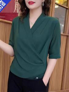 Fall New Style V-Neck Pure Color Mesh Top Womens Loose Slimming Mom Fashion Mid-Sleeve Base Shirt Casual Loose Fit T-Shirt