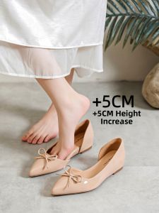 5CM Inner Height Increase Pointed Toe Butterfly Bow Patent Hollow Side Flat Shoes