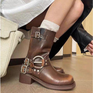Miu Western Cowboy Boots Womens Martin Boots New Leather Retro British Style Mid-Calf Motorcycle Boots Thick Heel Short Boots