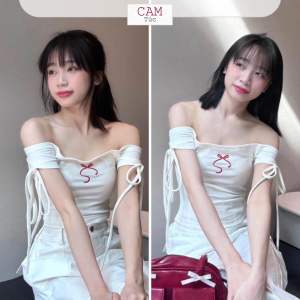 Áo Trễ Vai Thêu Nơ Và Tay Áo Thắt Nơ Cho Nữ
