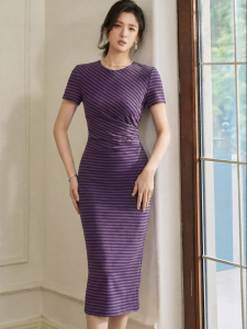 Roey s house | Light Elegant Work Stripe Dress Round Neck Slim Midi