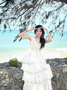 Princess Style Long Dress Charry French Thousand Gold Peach Color Small Flying Sleeve Dress Summer Commute Waist Inward Fairy Skirt U-Neck A-Line Dress