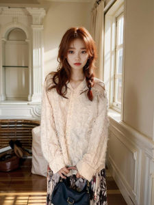 เสื้อเชิ้ตคอวีแขนยาวสีพีชสไตล์ฝรั่งเศสสำหรับผู้หญิงในฤดูใบไม้ผลิ ทรงหลวม สไตล์ทำงาน เสื้อเชิ้ตผู้หญิง