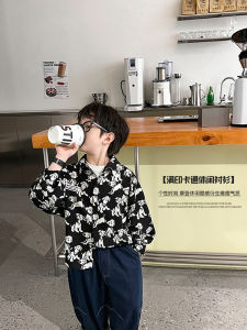 Childrens Black Cartoon Long Sleeve Shirt Baby Fashionable Streetwear Full Print Casual Style Boys Shirt Spring Autumn