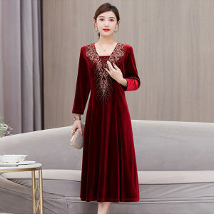 Elegant Red Velvet Wedding Dress for Mother of the Bride Autumn New Arrival High Waist A-Line Skirt Diamond Embellished Gown