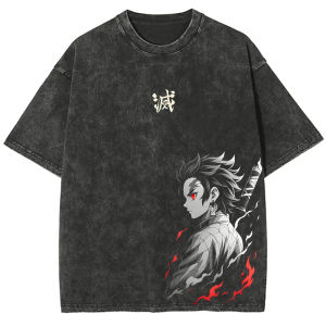 Bandai | Demon Slayer Mens and Womens Washed T-Shirt Tanjiro Kamado Clothing Summer and Spring Anime Tee Retro Distressed Short Sleeve