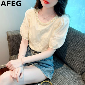 AFEG solid color Korean version crewneck fashion loose temperament nailed beaded lace flower bubble sleeve blouse for women