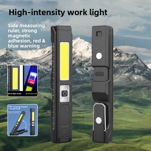 COB Multifunctional Folding Magnetic Work Light Rechargeable Flashlight Bright with Measuring Scale and Red Blue Warning Light