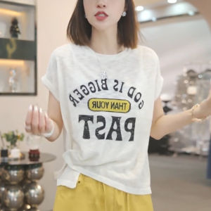 Korean Style Letter Print Belt round Neck Short Sleeve T-Shirt Women Summer plus Size Slimming Versatile Casual Top Trendy