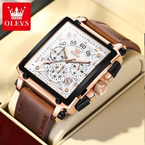 OLEVS Watch For Men 2025 New Square Original Waterproof Sport Fashion Leather Multifunctional Chronograph Import Quartz Calendar Luminous