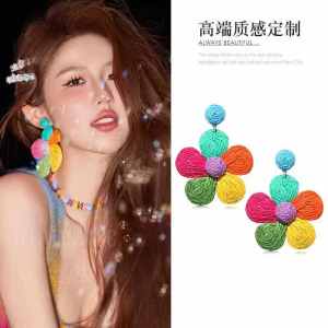 Summer Colorful Grass Woven Earrings Silver Plated Beach Photography Suitable Holiday Jewelry Fresh out Fashion Earrings