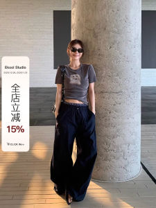 EKOOL High Waist Loose Womens Casual Pants Double Waist Rope Drawstring Wide Leg Long Trousers Summer Slimming Effect