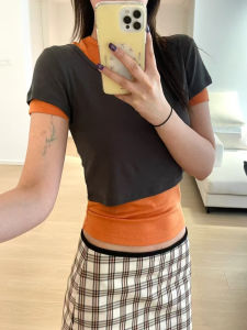 เสื้อยืดคอตั้งแขนสั้นผ้าไหมลินิน 2-in-1 คอกลมใหญ่ ชุดสองชิ้น เสื้อยืดผู้หญิง ฤดูร้อน 2025 เสื้อผ้าทำงานแบบเรียบง่าย