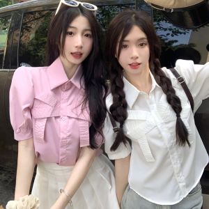 Wanita Kemeja Lengan Pendek Polos Langsing Retro Atas Bow Knot