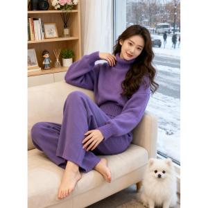 LIANGYILAILIN | Winter Fashion Korean Style Purple Turtleneck Sweater and Wide Leg Pants Set