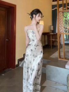 QFN | Oriental Style Halter Dress Slim Fit Elegant Floral Long Dress