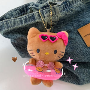 Cute Black Cat Swimming Ring Bag Charm Plush Toy Hawaiian Hanging Decoration Gift Bag Accessory Japanese Style Soft Leather