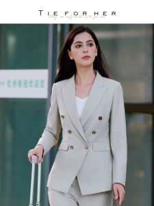 Double-Breasted Slim-Fit Business Suit for Ladies Oatmeal Color
