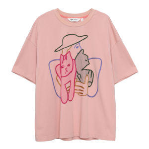 Moveup Summer 2025 Fun Series Ice Oxygen Bar Short Sleeve round Neck Cat Embroidery Short T-Shirt Womens Casual Cotton Blend