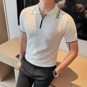 Summer Fashionable Casual Short Sleeve Polo Shirt Mens High-end Plaid Zipper Collar Knitted Ice Silk Slim Fit T-shirt
