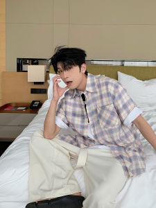 Hualun Mens Pink Plaid Cotton Shirt Short Sleeve Summer Fashion Korean Style Loose Fit Youthful Fresh Clean Look