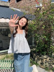 Summer New French Vintage Slimming Age-Defying Striped Doll Style Loose Strap Vest Tube Top Womens Casual Wear Polyester