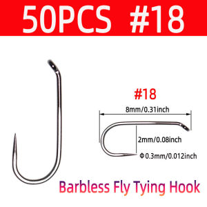 Bimoo 50pcs/100pcs #14 #16 #18 High Carbon Steel Barbless Fly Tying Hook For Tying Dry Wet Fly Nymph Trout Fishing Lures Baits