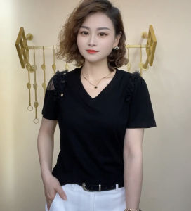 Fashionable Mesh Shoulder Bared V-neck Short Sleeve T-shirt Slimming Base Shirt for Women Summer Commute Creative Pattern