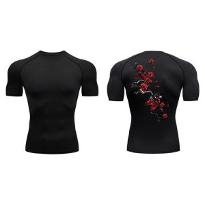 Blossom Print Short Sleeve Compression Shirts for Men Summer Athletic Quick Dry T-shirts Gym Workout Running Tees Sporty Tops