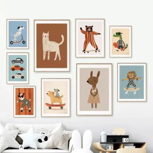 Funny Animals Rabbit Dog Cat Skateboard Posters Prints Wall Art Canvas Neutral Nursery Picture for Baby Kids Room Decor Unframed