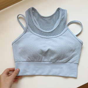 Yoga Sports Vest Seamless One-Piece Fixed Cup Shockproof Running Fitness Womens Bra Vest Nylon Fabric Solid Color Gymwear