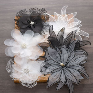 Black and White Double-Layer Three-Dimensional Imitation Pearl Rhinestone Mesh Lace Flower Lolita Handmade Wedding Dress Clothing Decoration