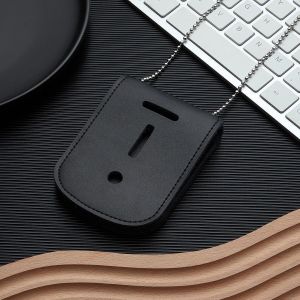 Cowhide Leather Universal Badge Holder Pocket Case with Clear ID Window and Inside Card Slot Hook and Loop Closure and Stainless Bead Chain Necklace