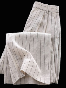 PAIBOLI | Slimming Casual Cotton Linen Vertical Striped Wide Leg Pants Women Summer New Natural Linen Long Trousers Straight Cut