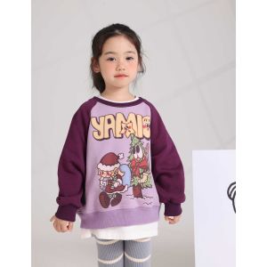 Cute Cartoon Letter Printed Contrast Color Round Neck Fleece Hoodie Girls