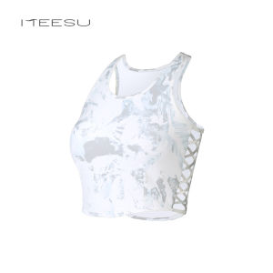Meesu Printed Yoga Sports Bra Fitness Tank Top with Chest Pad Cross Back Yoga Underwear Outdoor Wear Breathable Nylon Womens Summer Tight Fit