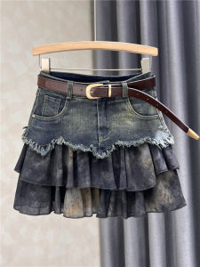 American Style Spliced Denim A-Line Mini Skirt High Waist Slimming Summer New Retro Vintage Womens Half-length Skirts