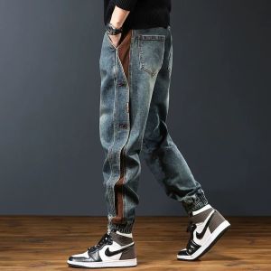 American Style Spliced Work Pants Mens Loose Casual Cargo Jeans Cotton Stretch Fabric All Seasons Wear Resistant Youth Fashion
