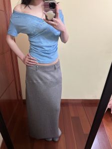YUEZHONGWEI | French V-Neck Lace Patchwork Blue Off Shoulder Short Sleeve T-Shirt Waist Slimming Elegant Design