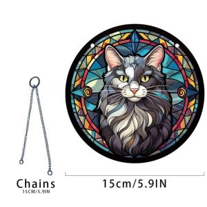 Round Cat Theme Acrylic Panel Pendant Living Room Window Suncather Inch with Chain Stained Glass Cute Hangings Retro Decoration