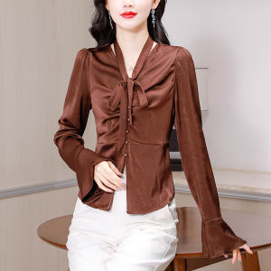 MAIMEI | French Design Long Sleeve V Neck Sash Bubble Sleeve Shirt Womens Slim Fit Trendy Spring Autumn New Style Polyester Fiber