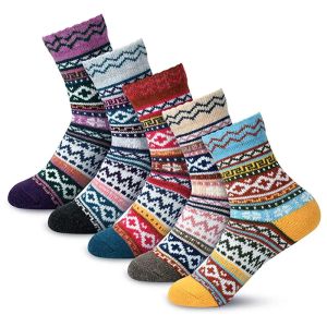Ethnic style womens thickened cold-proof and warm medium tube  rabbit wool blended retro geometric color matching terry socks