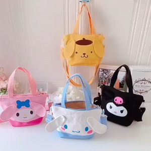 18CM Japanese Sanrio Kuromi Melody Cinnamoroll Pompom Handbag Canvas Lunch Box Storage Bag Student with adjustable Strap